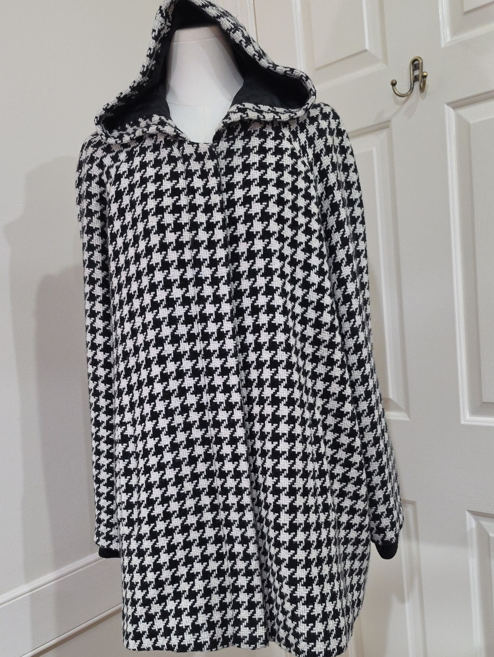 Jessica London Plus Size 16 Houndstooth Wool Blend Hooded A-Line Coat Jacket